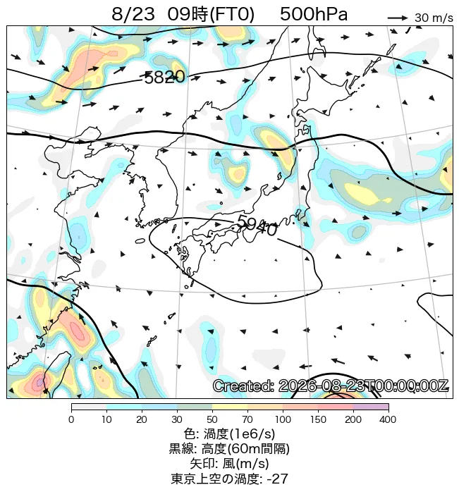 2026年8月23日の日本周辺の500hPa天気図（9時）