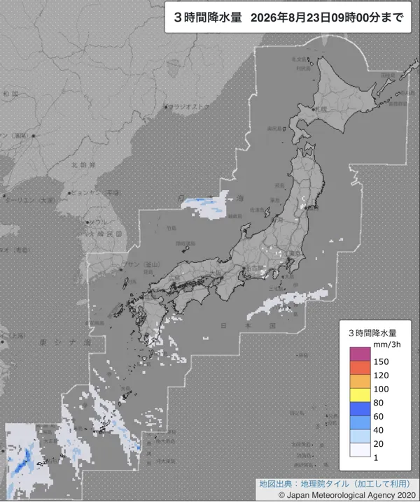 2026年8月23日6〜9時の日本周辺の3時間解析降水量