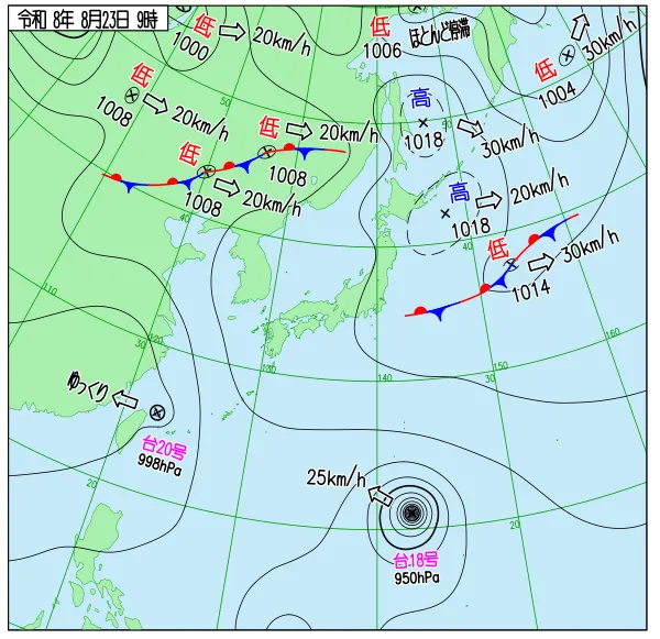 2026年8月23日9時の速報天気図
