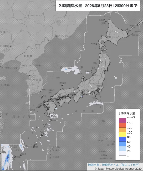 2026年8月23日9〜12時の日本周辺の3時間解析降水量