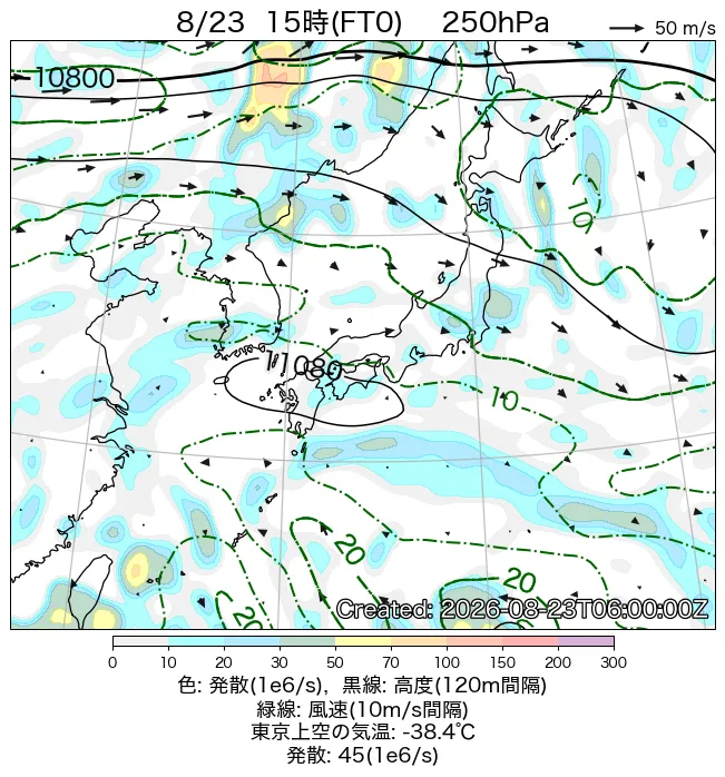 2026年8月23日の日本周辺の250hPa天気図（15時）