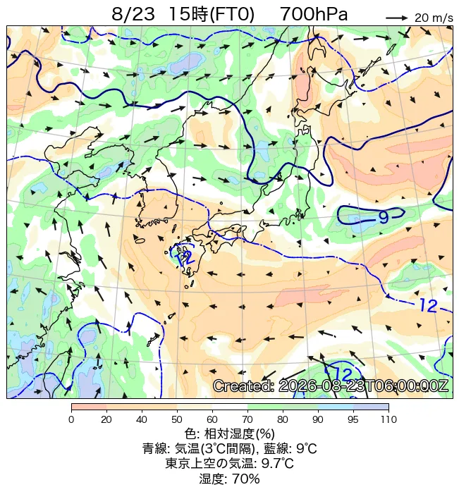 2026年8月23日の日本周辺の700hPa天気図（15時）