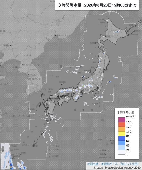 2026年8月23日12〜15時の日本周辺の3時間解析降水量