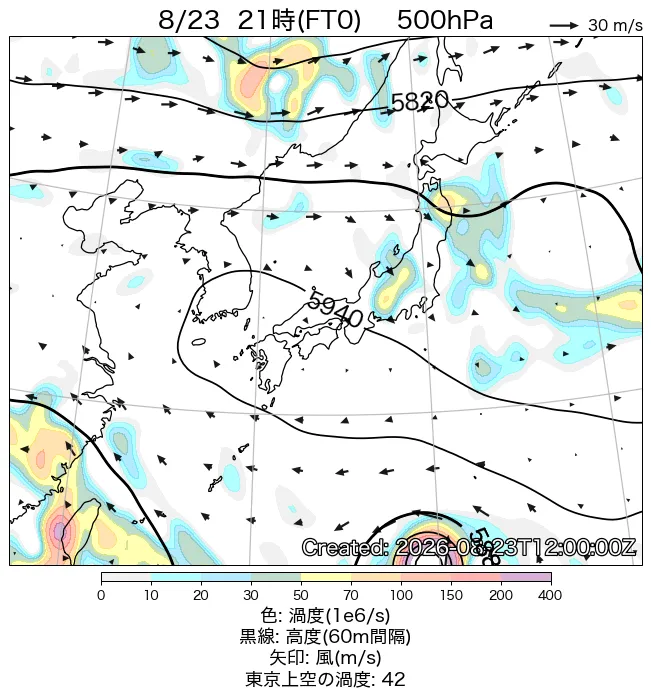 2026年8月23日の日本周辺の500hPa天気図（21時）