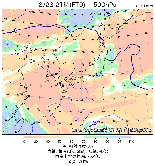 2026年8月23日の日本周辺の500hPa天気図（21時）