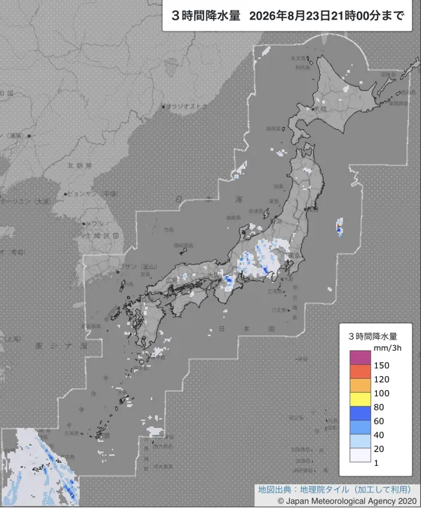 2026年8月23日18〜21時の日本周辺の3時間解析降水量