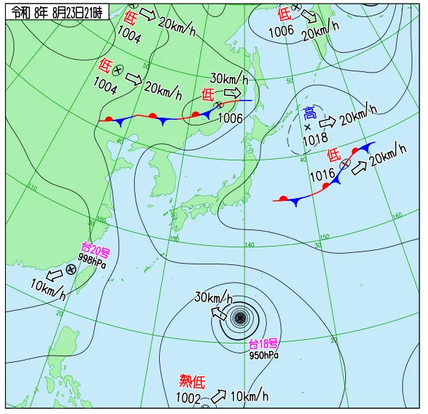 2026年8月23日21時の速報天気図