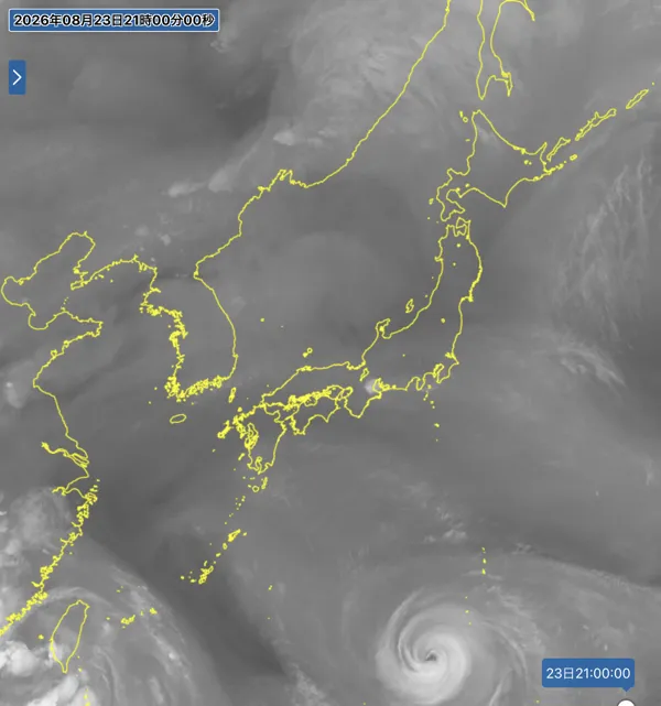 2026年8月23日21時の日本周辺の衛星水蒸気画像