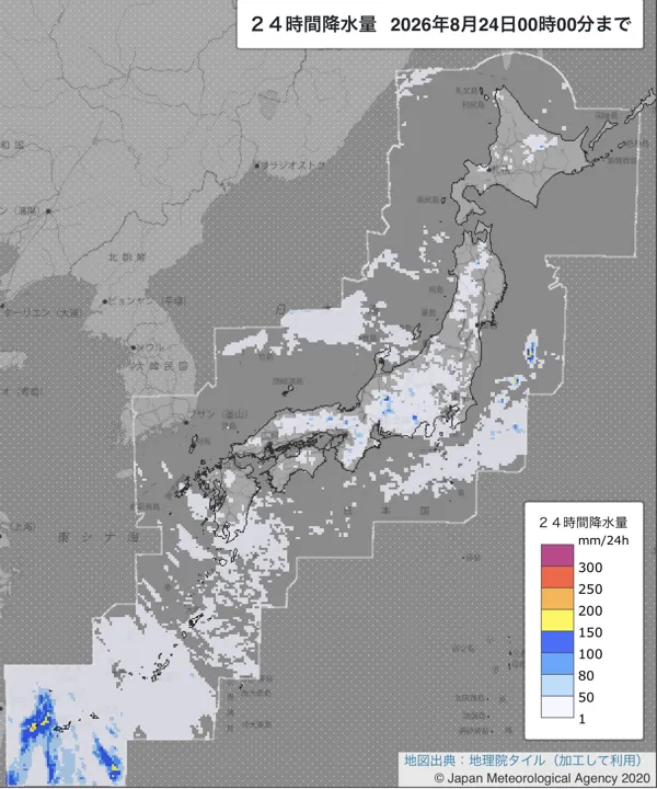 2026年8月23日の日本周辺の日解析雨量の図