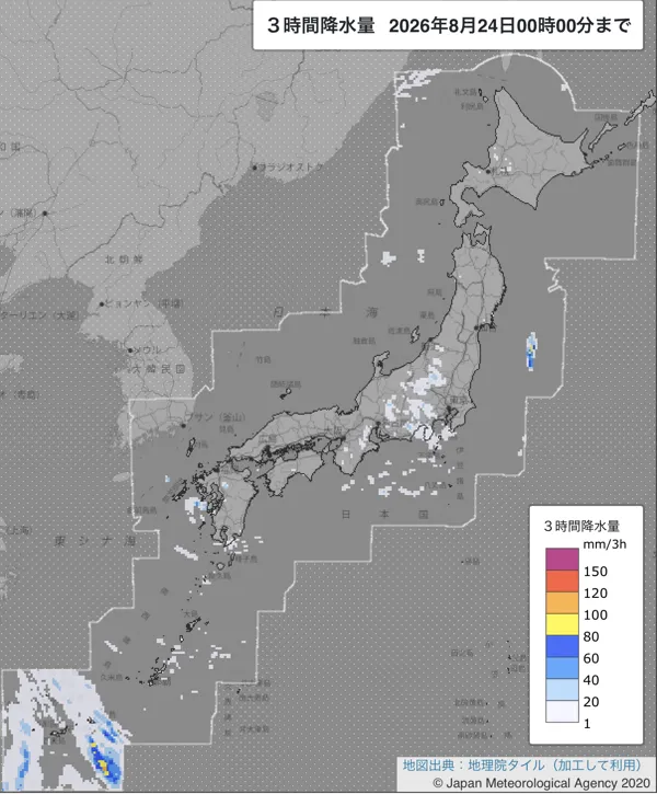 2026年8月23日21〜24時の日本周辺の3時間解析降水量
