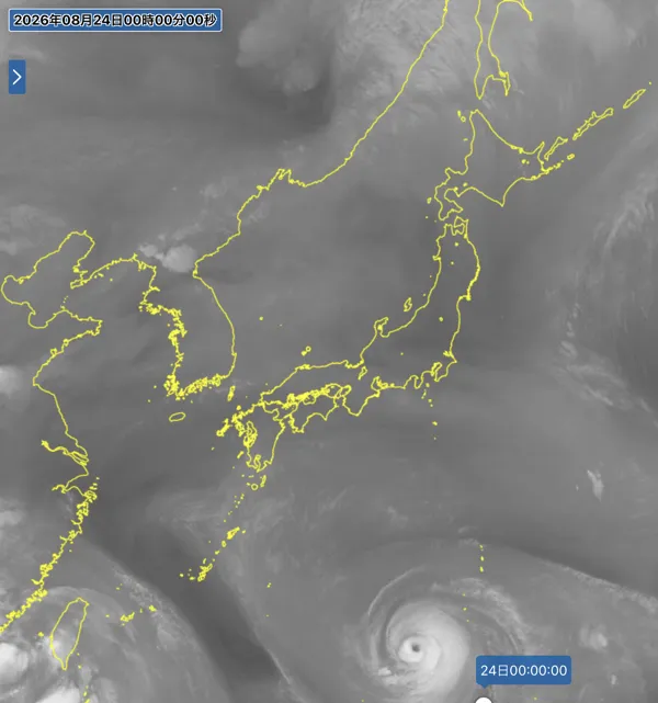 2026年8月23日24時の日本周辺の衛星水蒸気画像