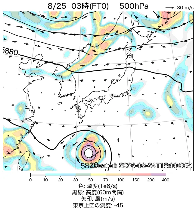 2026年8月25日の日本周辺の500hPa天気図（3時）