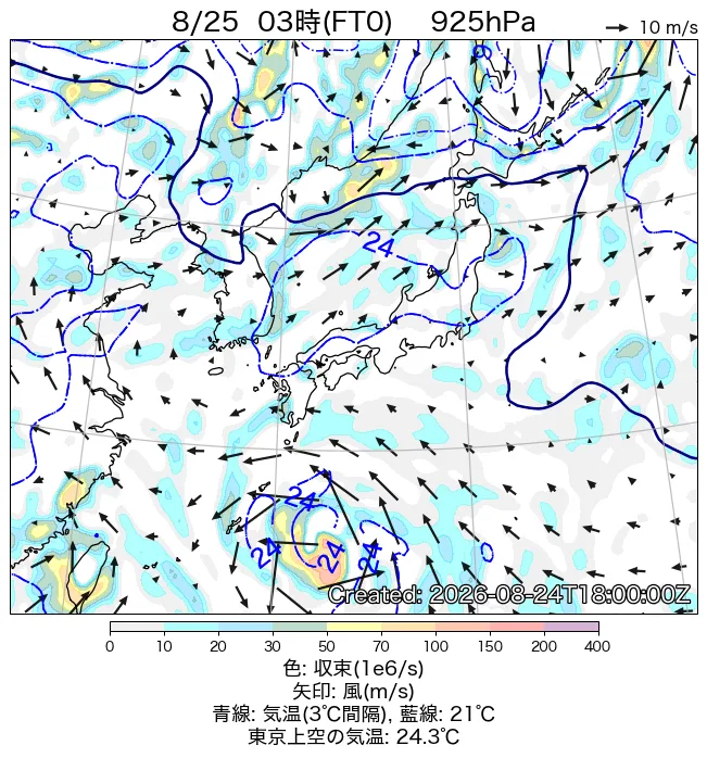 2026年8月25日の日本周辺の925hPa天気図（3時）