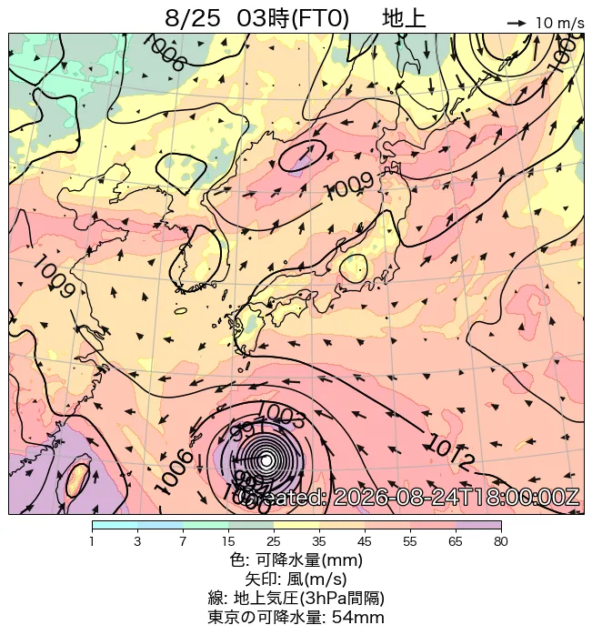 2026年8月25日の日本周辺の地上天気図（3時）