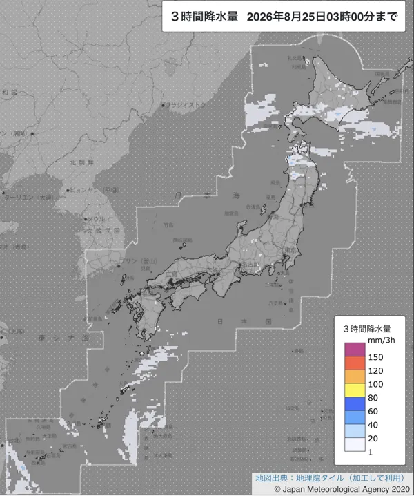2026年8月25日0〜3時の日本周辺の3時間解析降水量