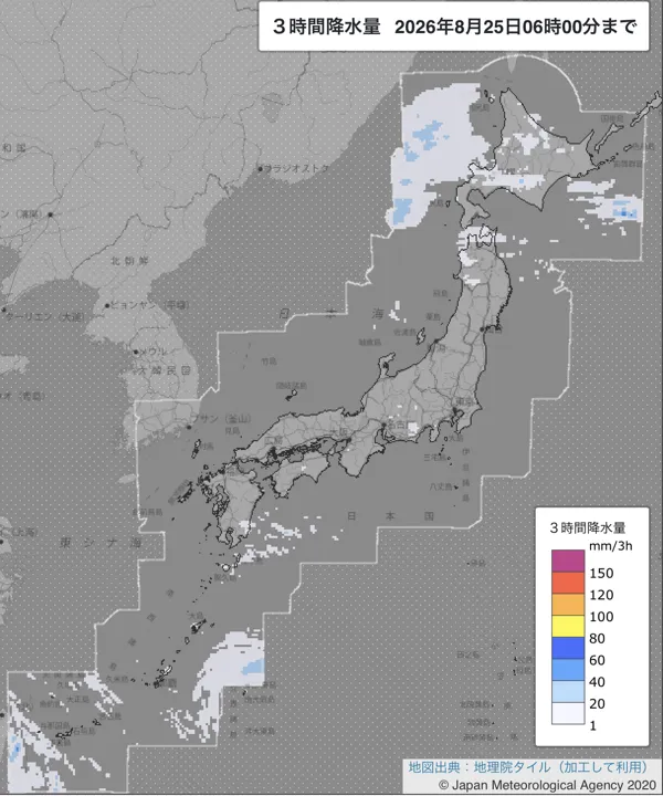 2026年8月25日3〜6時の日本周辺の3時間解析降水量