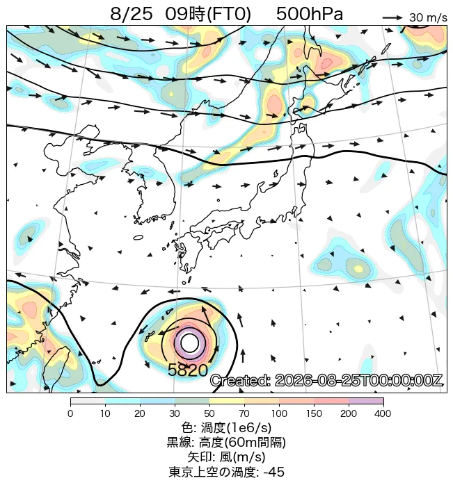 2026年8月25日の日本周辺の500hPa天気図（9時）