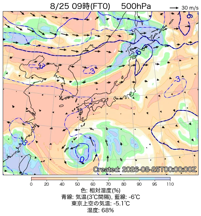 2026年8月25日の日本周辺の500hPa天気図（9時）