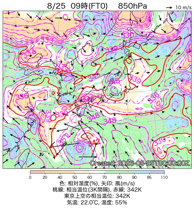 2026年8月25日の日本周辺の850hPa天気図（9時）
