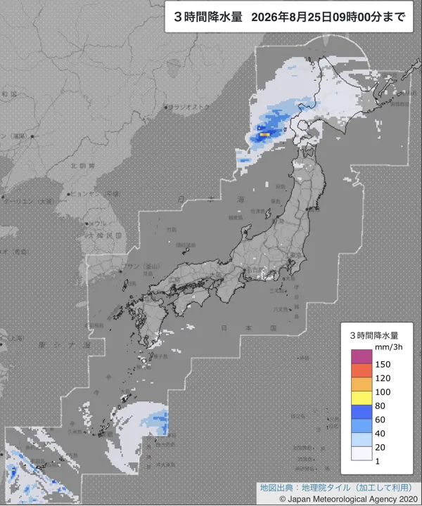 2026年8月25日6〜9時の日本周辺の3時間解析降水量