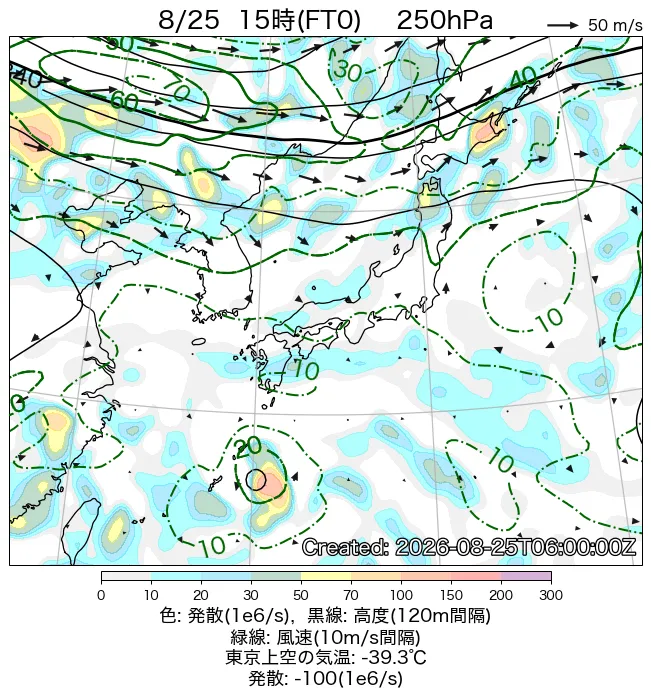 2026年8月25日の日本周辺の250hPa天気図（15時）