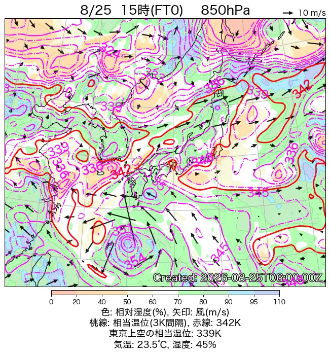 2026年8月25日の日本周辺の850hPa天気図（15時）