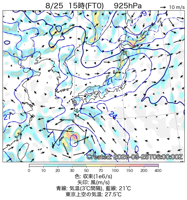 2026年8月25日の日本周辺の925hPa天気図（15時）