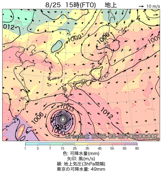 2026年8月25日の日本周辺の地上天気図（15時）
