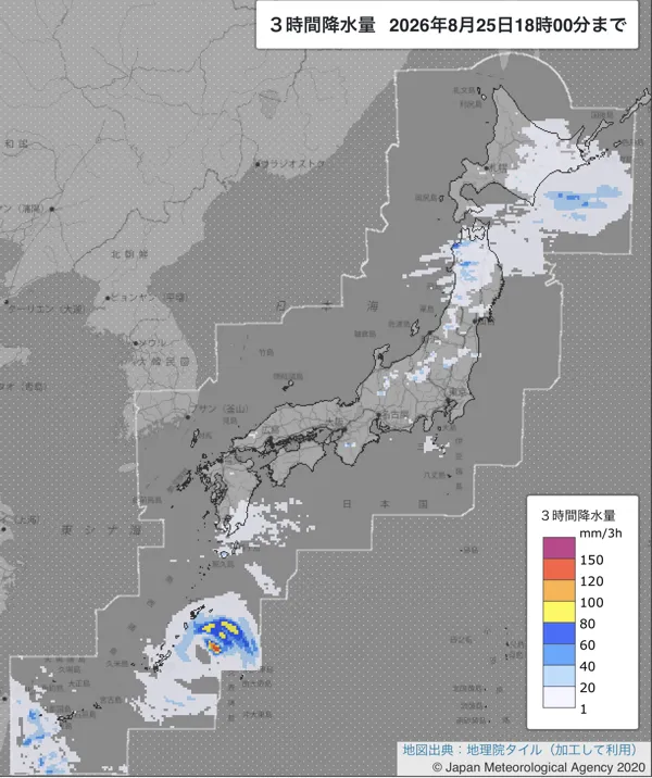 2026年8月25日15〜18時の日本周辺の3時間解析降水量