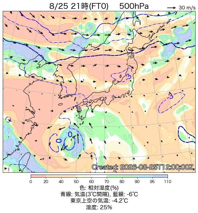 2026年8月25日の日本周辺の500hPa天気図（21時）