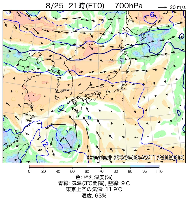 2026年8月25日の日本周辺の700hPa天気図（21時）