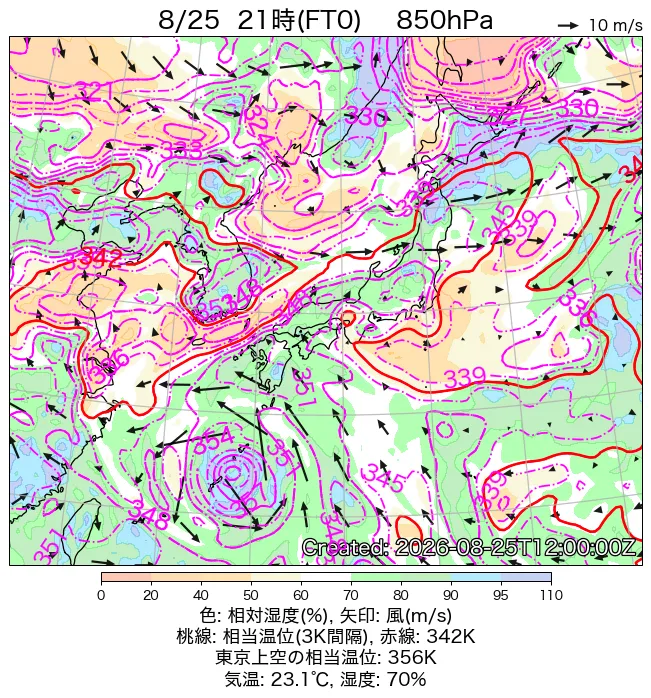 2026年8月25日の日本周辺の850hPa天気図（21時）