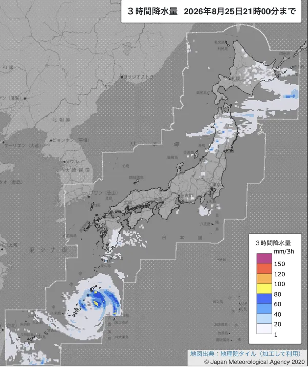 2026年8月25日18〜21時の日本周辺の3時間解析降水量