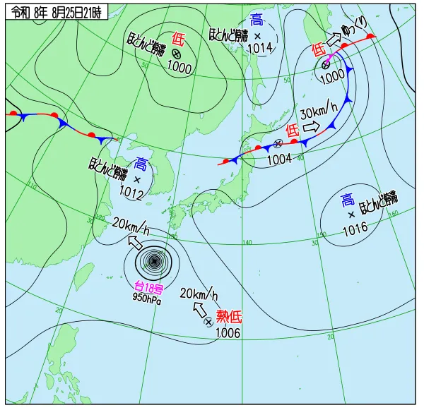 2026年8月25日21時の速報天気図
