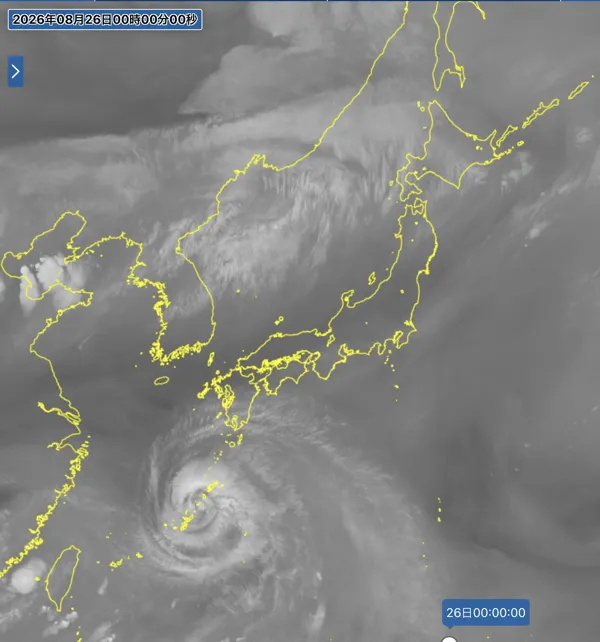 2026年8月25日24時の日本周辺の衛星水蒸気画像