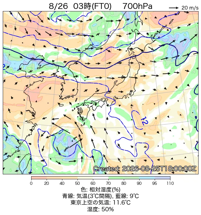 2026年8月26日の日本周辺の700hPa天気図（3時）