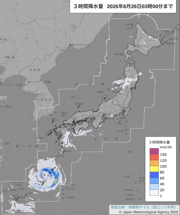 2026年8月26日0〜3時の日本周辺の3時間解析降水量