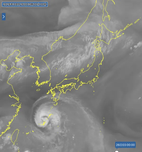 2026年8月26日3時の日本周辺の衛星水蒸気画像