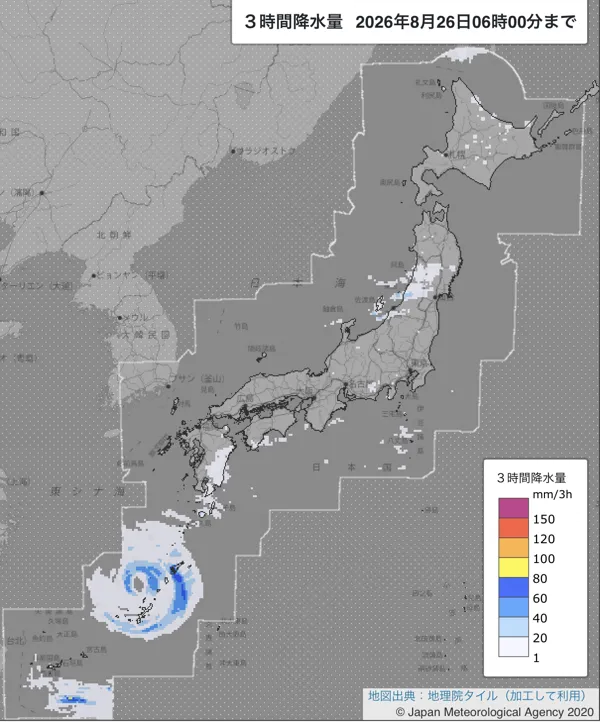 2026年8月26日3〜6時の日本周辺の3時間解析降水量