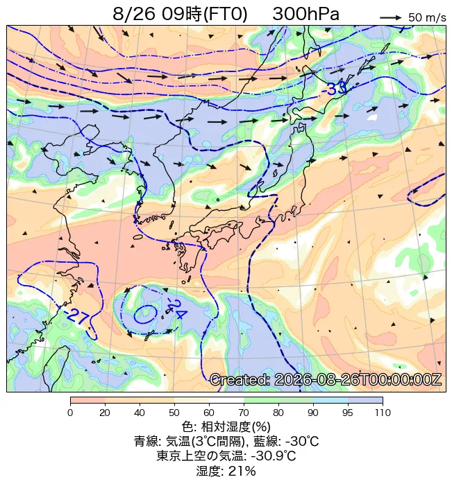 2026年8月26日の日本周辺の300hPa天気図（9時）