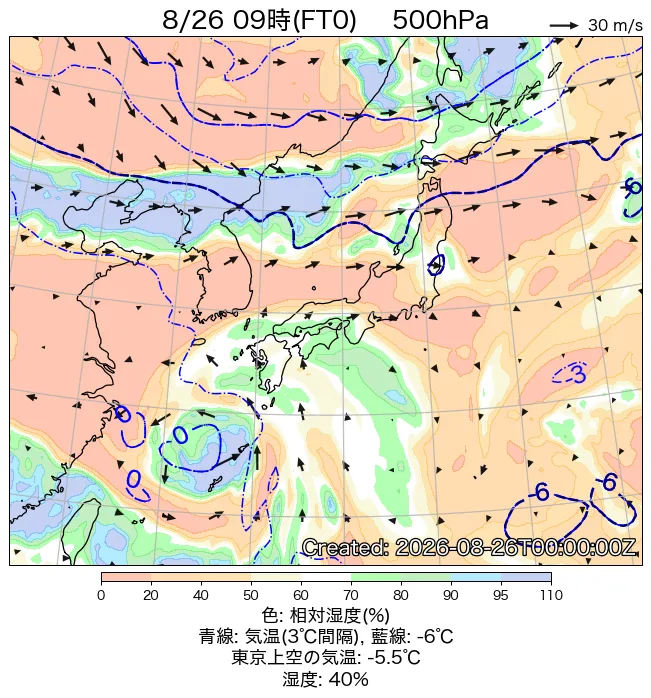 2026年8月26日の日本周辺の500hPa天気図（9時）