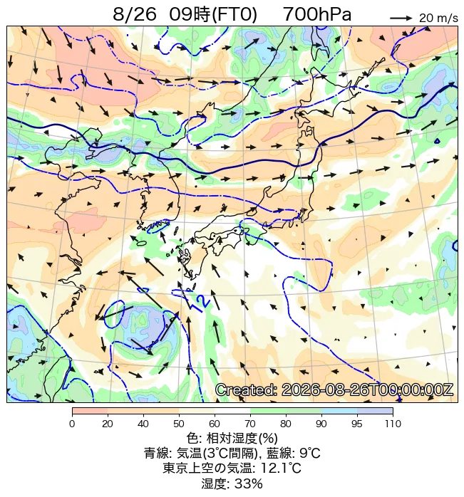 2026年8月26日の日本周辺の700hPa天気図（9時）