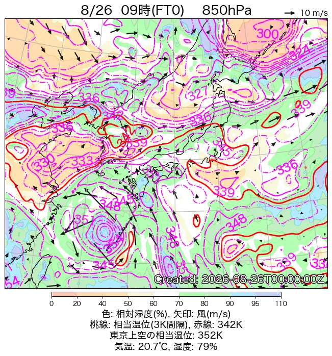 2026年8月26日の日本周辺の850hPa天気図（9時）