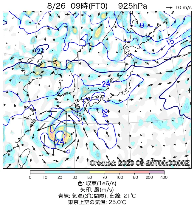 2026年8月26日の日本周辺の925hPa天気図（9時）