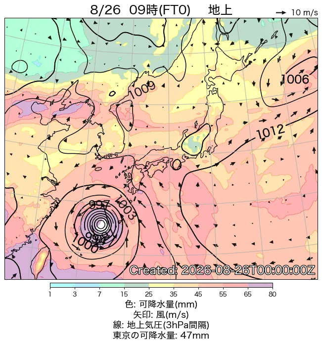 2026年8月26日の日本周辺の地上天気図（9時）