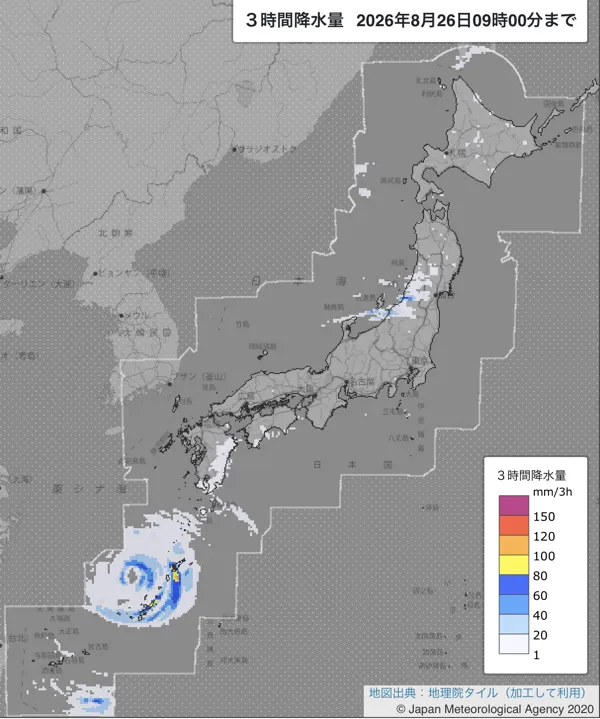 2026年8月26日6〜9時の日本周辺の3時間解析降水量