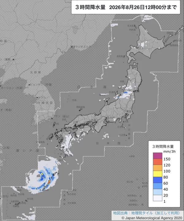 2026年8月26日9〜12時の日本周辺の3時間解析降水量
