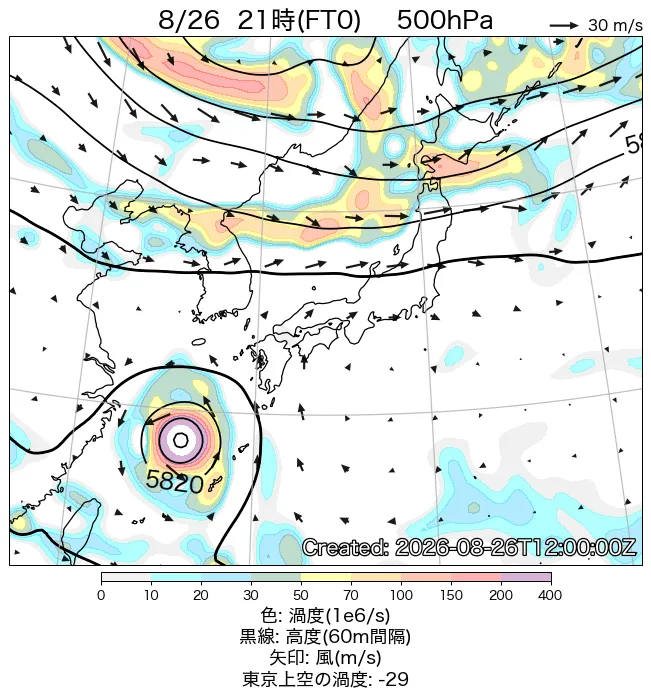 2026年8月26日の日本周辺の500hPa天気図（21時）