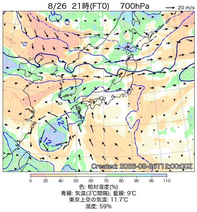 2026年8月26日の日本周辺の700hPa天気図（21時）