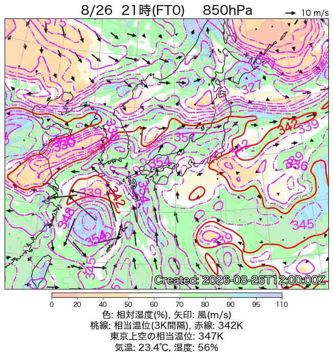 2026年8月26日の日本周辺の850hPa天気図（21時）